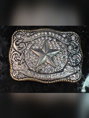 Lone Star Western Bling Rhinestone Belt Buckle - Two-Tone Silver & Gold 4x3